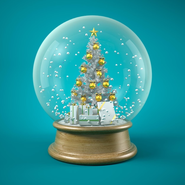 árbol de navidad, en, nieve, bola, 3d, ilustración