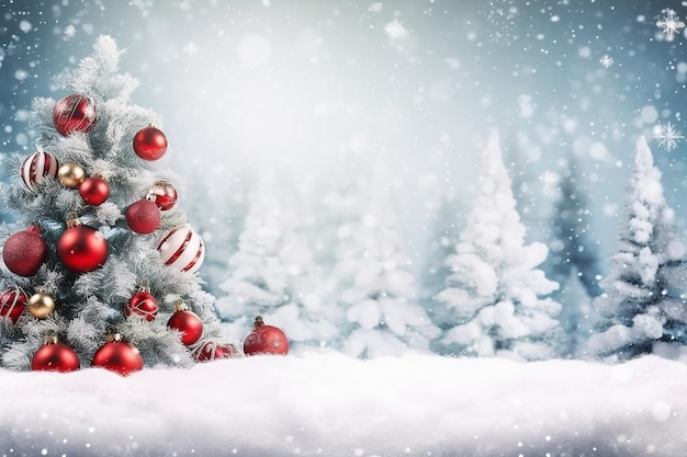 Árbol de navidad en la nieve con bolas rojas