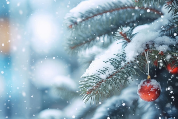 Árbol de navidad con nieve de cerca