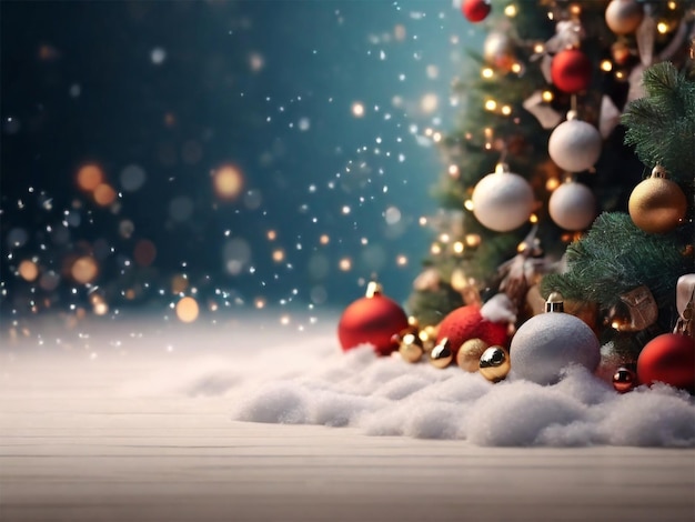 un árbol de Navidad con nieve en él y un hombre de nieve a la derecha