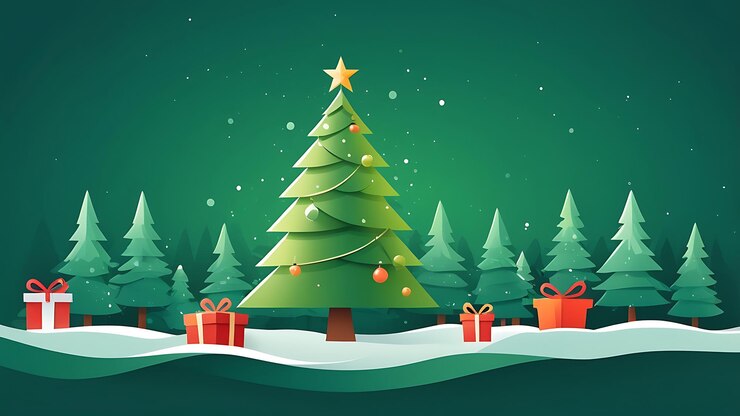 Árbol de Navidad con nieve Fondo con regalos Ornamentos Estrellas Campanas y espacio para el texto de vacaciones