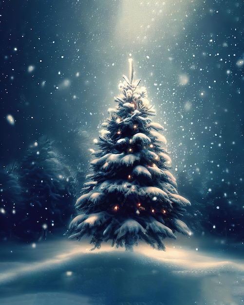 Un árbol de navidad en la nieve con las luces encendidas