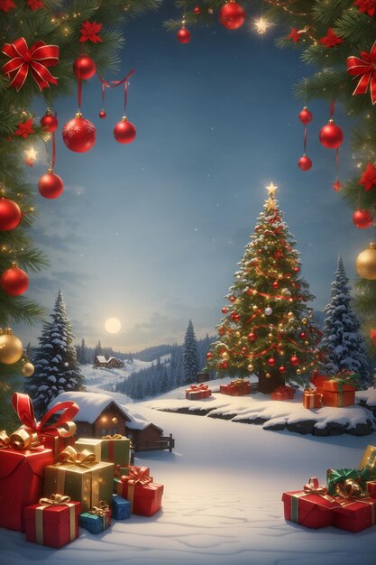 Foto Árbol de navidad nocturno con casa y bolas