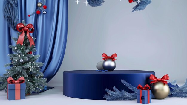 un árbol de Navidad con ornamentación azul y roja