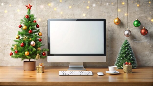 un árbol de Navidad con una pantalla blanca y un árbol de navidad en la mesa