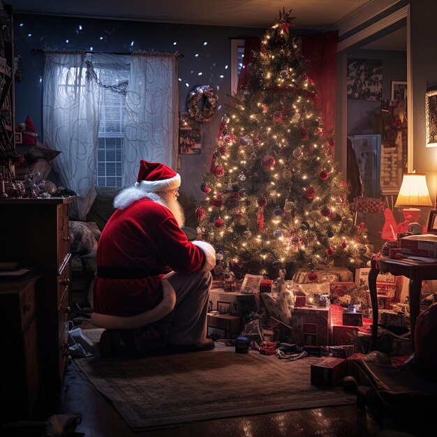 Foto un árbol de navidad con un papá noel sentado delante de él