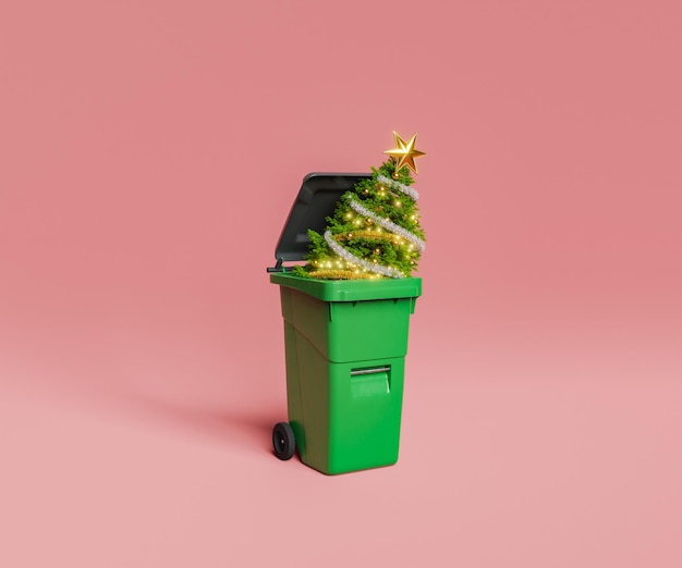 Árbol de Navidad en papelera verde