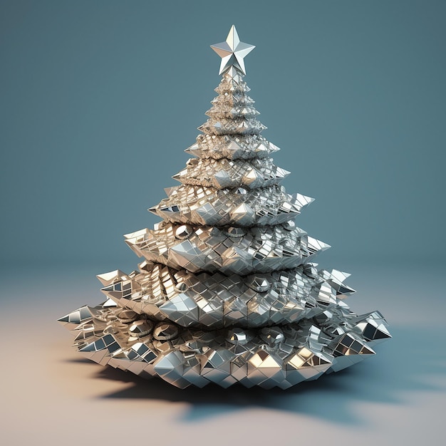 Un árbol de navidad plateado hecho de piezas de plata con una estrella en la parte superior.