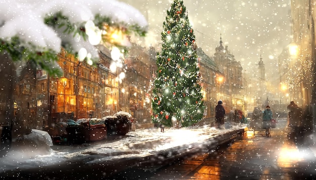 Árbol de navidad en la plaza del ayuntamiento de la ciudad decorado e iluminado farola casas de luz borrosa