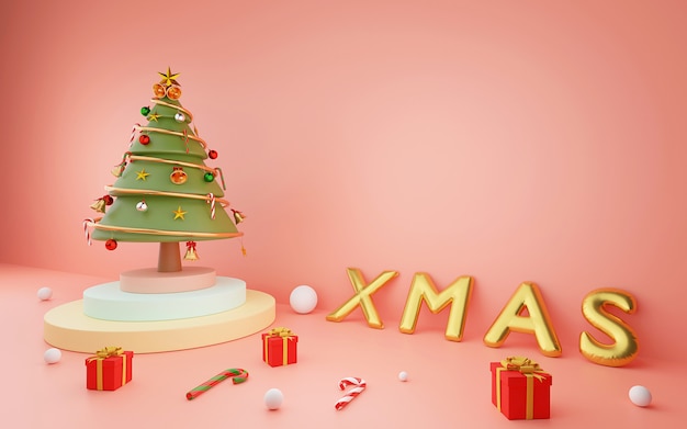 Árbol de Navidad en el podio con globos de Navidad y adornos navideños sobre un fondo rosa, render 3d