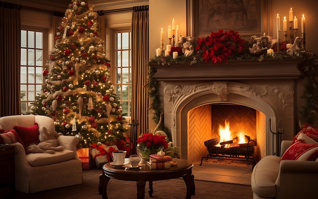 Foto Árbol de navidad y regalos de año nuevo en un interior acogedor con un sofá y chimenea junto a la ventana