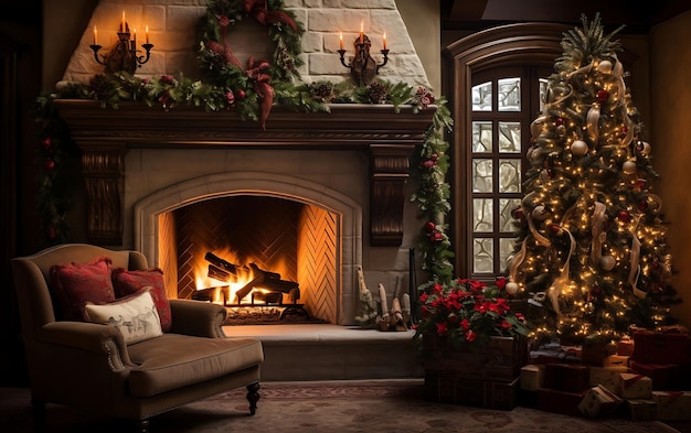 Foto Árbol de navidad y regalos de año nuevo en un interior acogedor con un sofá y chimenea junto a la ventana