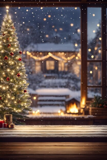 Árbol de Navidad con regalos y chimenea por la noche