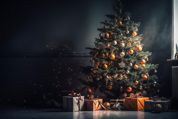 Un árbol de navidad con regalos debajo y un árbol de navidad en el fondo.
