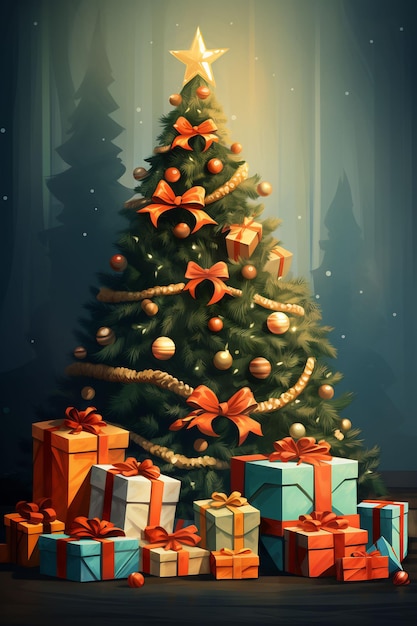 árbol de navidad con regalos debajo de un árbol de navidad