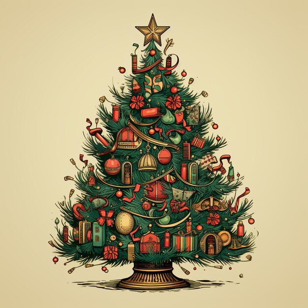 árbol de navidad con regalos debajo en el estilo de vintage póster estilo feliz año nuevo