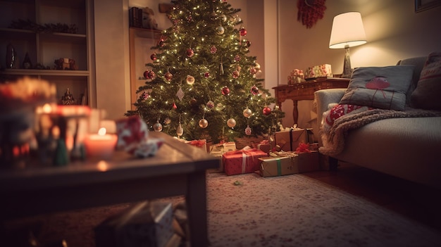 Un árbol de Navidad con regalos debajo y una lámpara sobre la mesa.