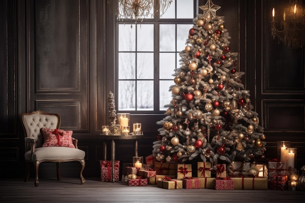 Un árbol de navidad con regalos debajo de una ventana.