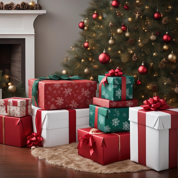 Foto Árbol de navidad con regalos y decoraciones ia generativa