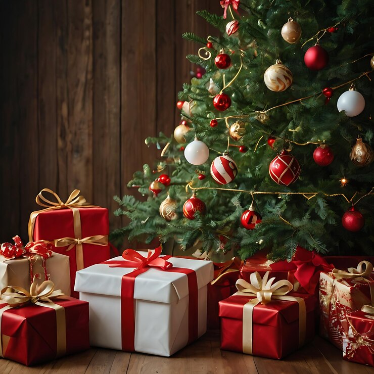 un árbol de Navidad con regalos delante de un árbol de navidad