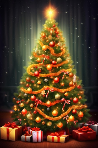 árbol de Navidad con regalos y una estrella en la parte superior generativo ai