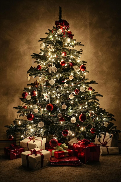 árbol de Navidad con regalos bajo un papel tapiz
