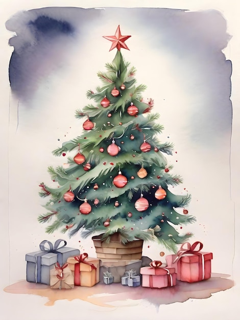 Árbol de Navidad con regalos Pintura en acuarela