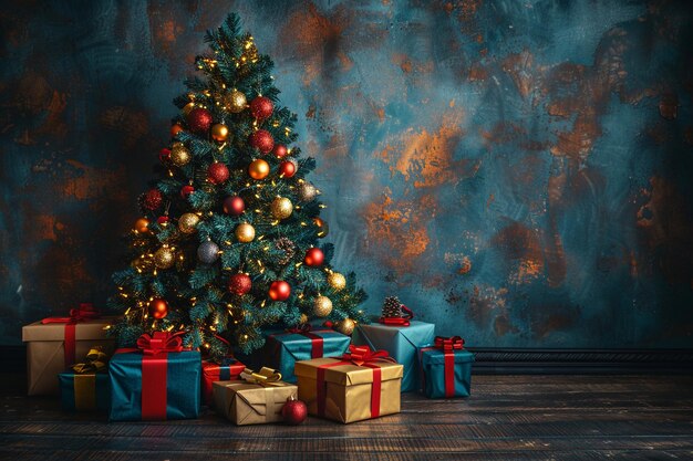 un árbol de Navidad con regalos y regalos en el suelo