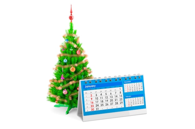 Árbol de Navidad con renderizado 3D de calendario de escritorio