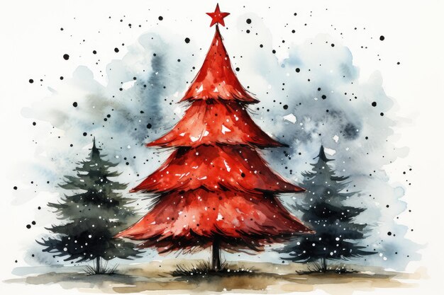 Árbol de Navidad rojo acuarela en el banner de tarjeta de año nuevo del bosque