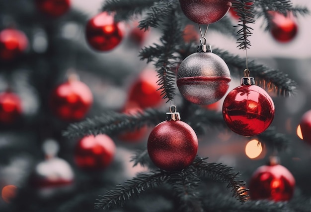 Un árbol de Navidad rojo y blanco con un adorno rojo colgando de él.