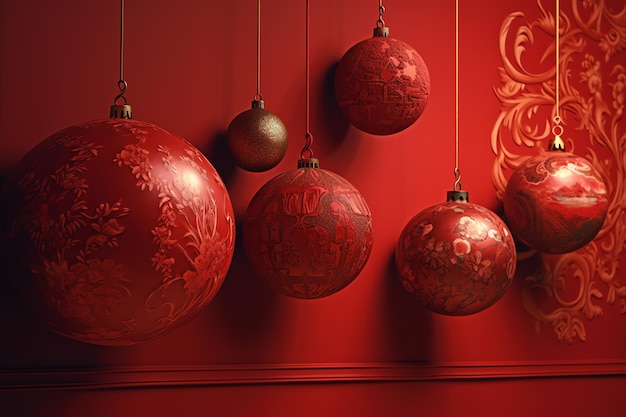 Un árbol de navidad rojo está colgado en una habitación con adornos rojos.