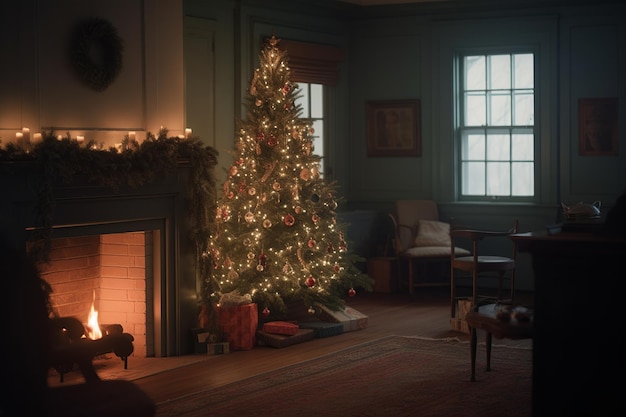 Un árbol de navidad en una sala de estar con chimenea y un árbol de navidad iluminado.