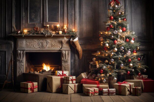 Árbol de Navidad en una sala de estar con una chimenea