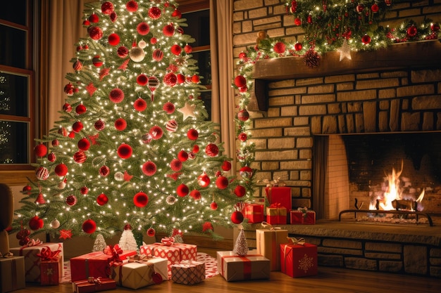 Árbol de Navidad en una sala de estar con una chimenea