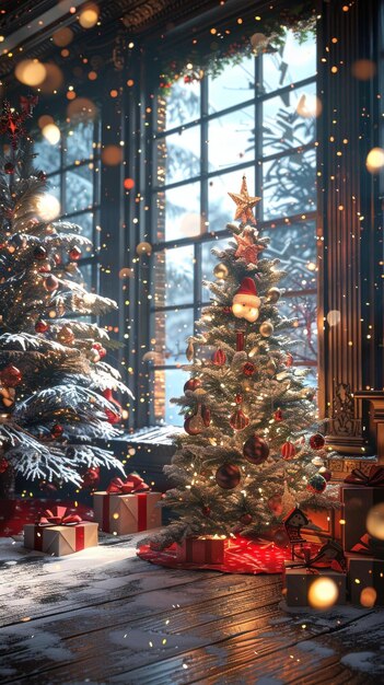 Foto Árbol de navidad en una sala de estar con regalos debajo