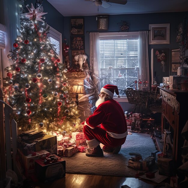 Foto un árbol de navidad con un santa sentado delante de él