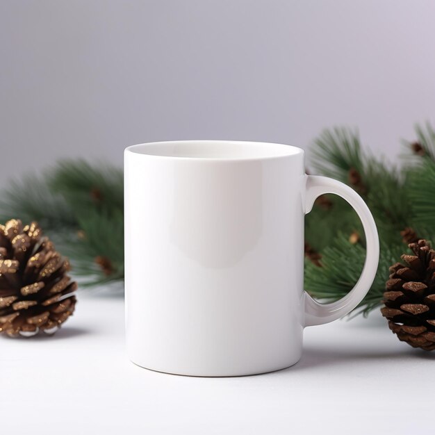 árbol de Navidad con taza blanca en blanco