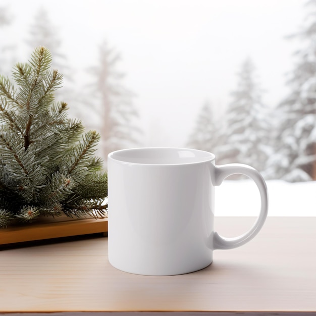 Foto Árbol de navidad con taza blanca en blanco