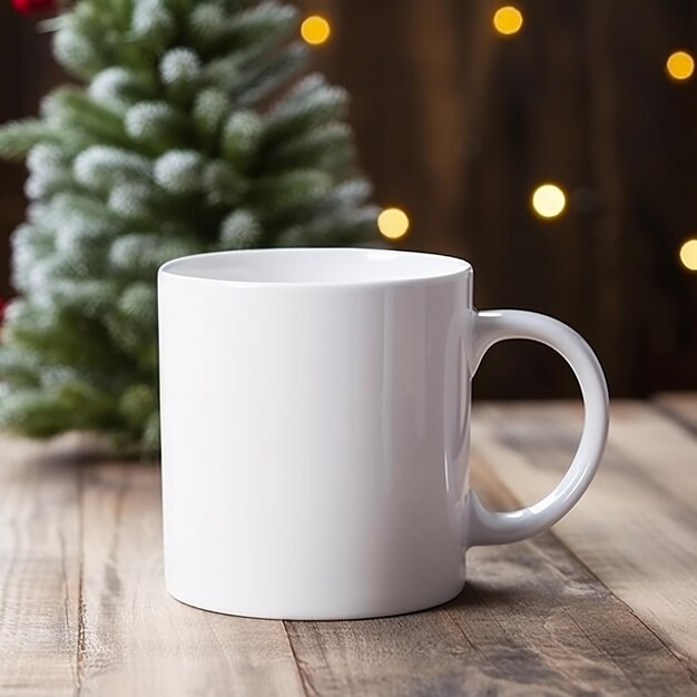 árbol de Navidad con taza blanca en blanco