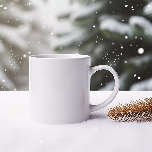 Foto Árbol de navidad con taza blanca en blanco