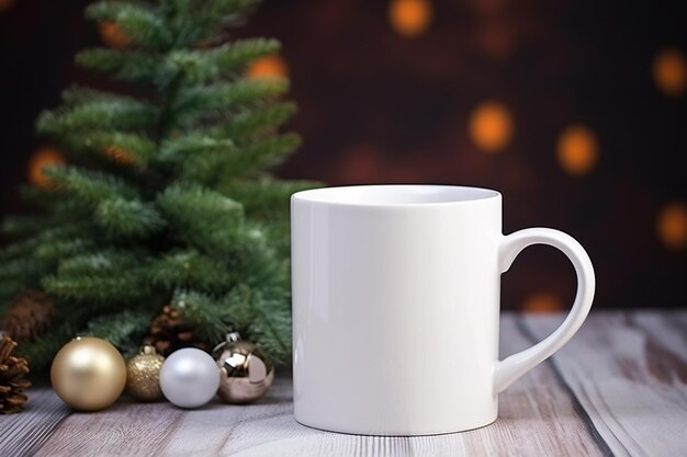 árbol de Navidad con taza blanca en blanco