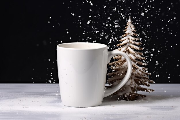 Foto Árbol de navidad con taza blanca en blanco