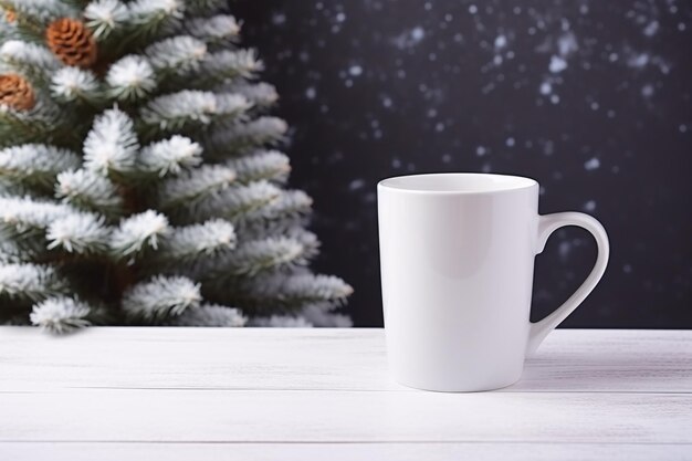 árbol de Navidad con taza blanca en blanco