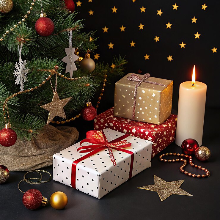 un árbol de Navidad con una vela y una vela en él