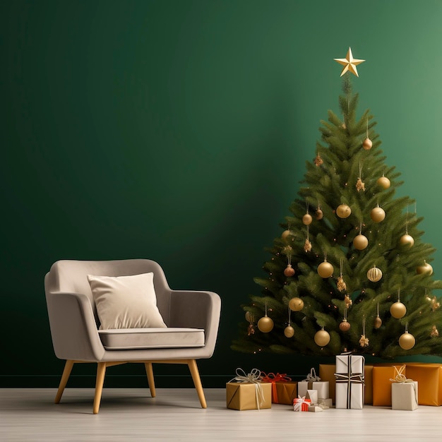 Foto Árbol de navidad verde de interior con regalos