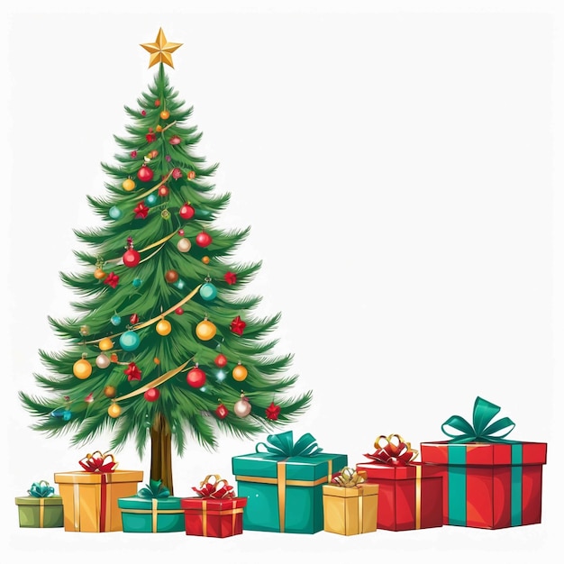 árbol de Navidad vintage con regalos en un fondo blanco