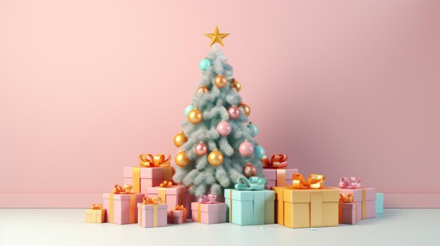 árbol de Navidad voluminoso con regalos de colores brillantes en formas orgánicas y geométricas de color rosa claro y naranja claro