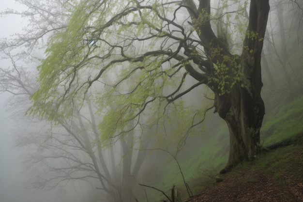 Foto Árbol en la niebla con delicados brotes y hojas visibles creado con ai generativo