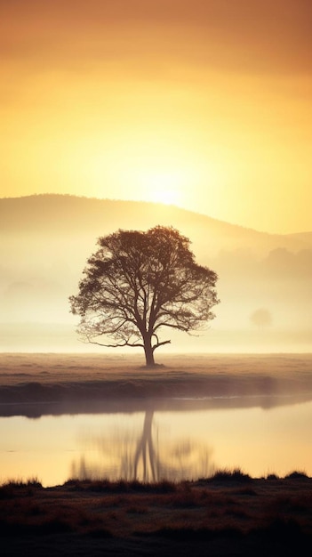 Un árbol en la niebla de la mañana